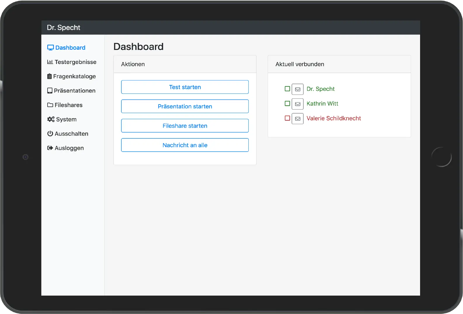 Dashboard der Anwendung cAPPito auf einem Tablet mit Funktionen für Tests, Präsentationen und Dateifreigaben.