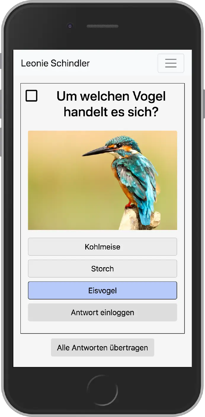Testansicht der Anwendung cAPPito auf einem Smartphone mit einer Multiple-Choice-Frage zu einem Eisvogel.