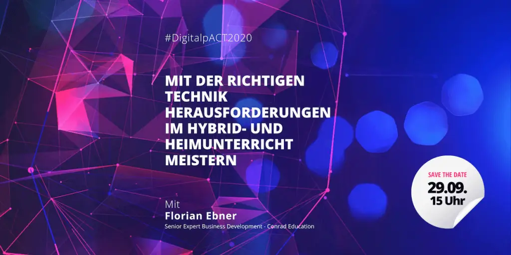 Veranstaltungsgrafik „Mit der richtigen Technik Herausforderungen im Hybrid- und Heimunterricht meistern“ am 29. September um 15 Uhr.