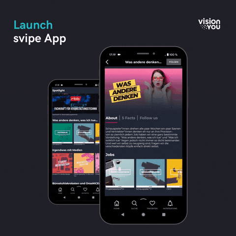 Animierte Darstellung der svipe-App auf zwei Smartphones mit Profilansicht und Hochkantvideo.