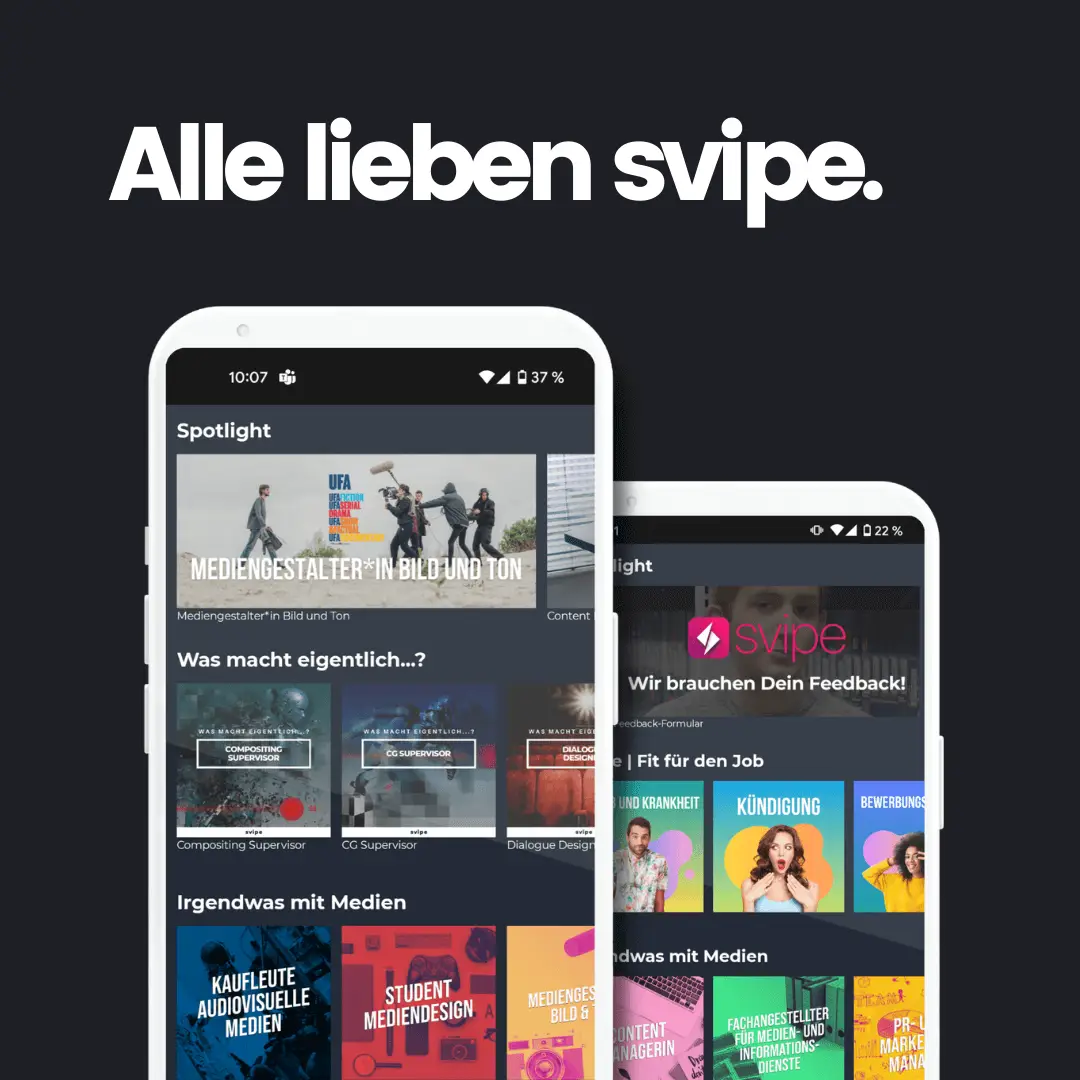 Zwei Smartphones mit der Lernplattform svipe und digitalen Inhalten zur Berufsorientierung in der Medienbranche und der Überschrift