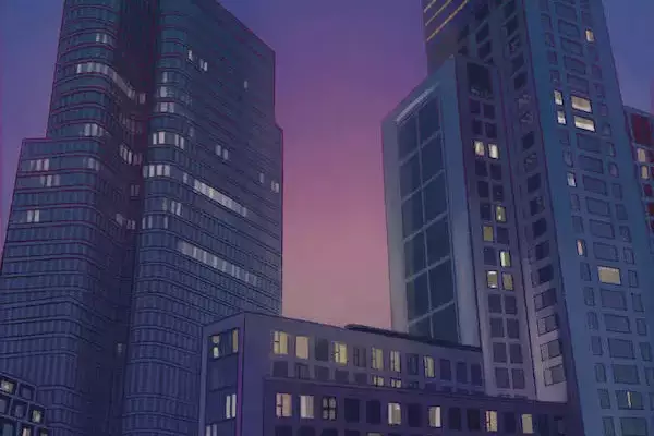Ilustration von Berliner Hochhäusern bei einsetzender Dämmerung vor einem blau-violetten Himmel.