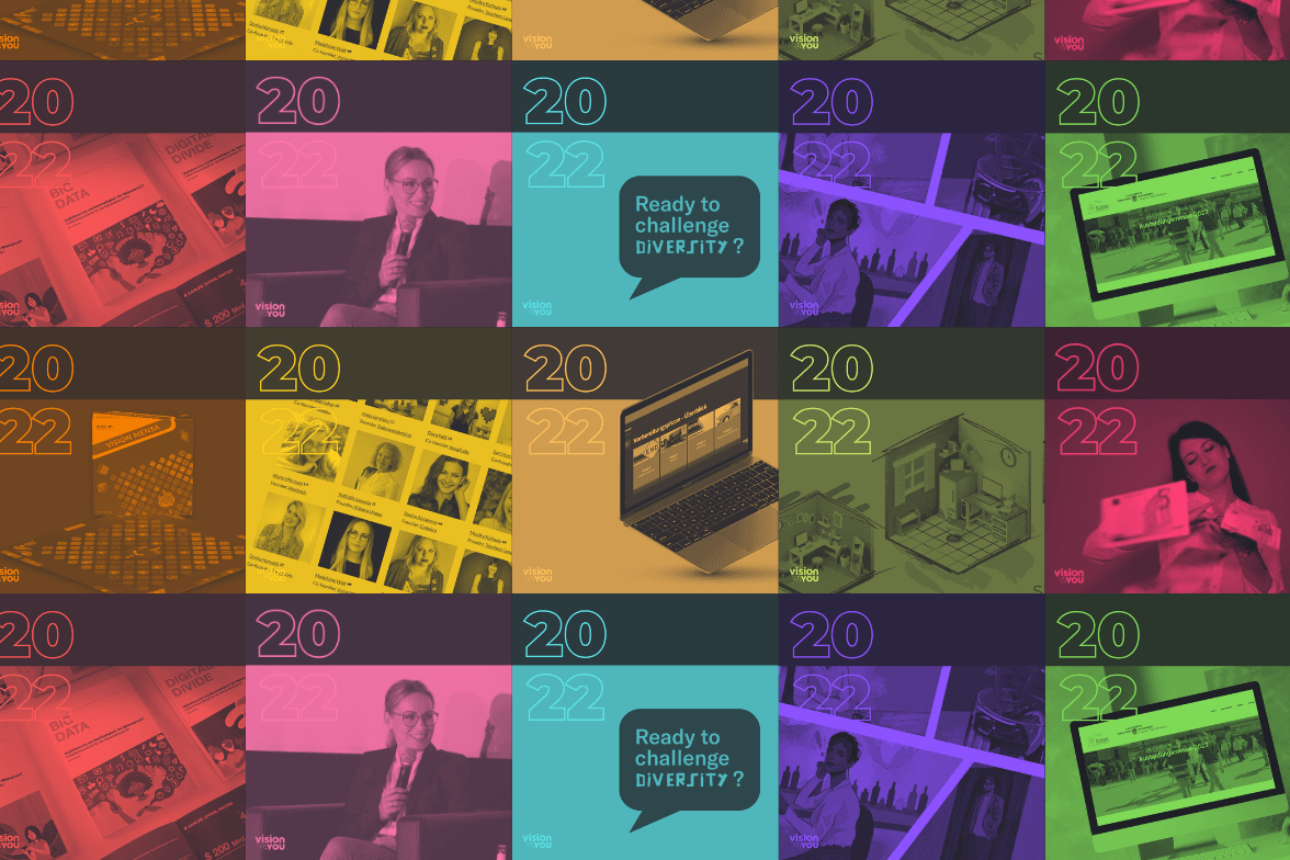 Farbige Kachel-Collage mit Projekten und Ereignissen aus dem visionYOU-Jahresrückblick 2022.