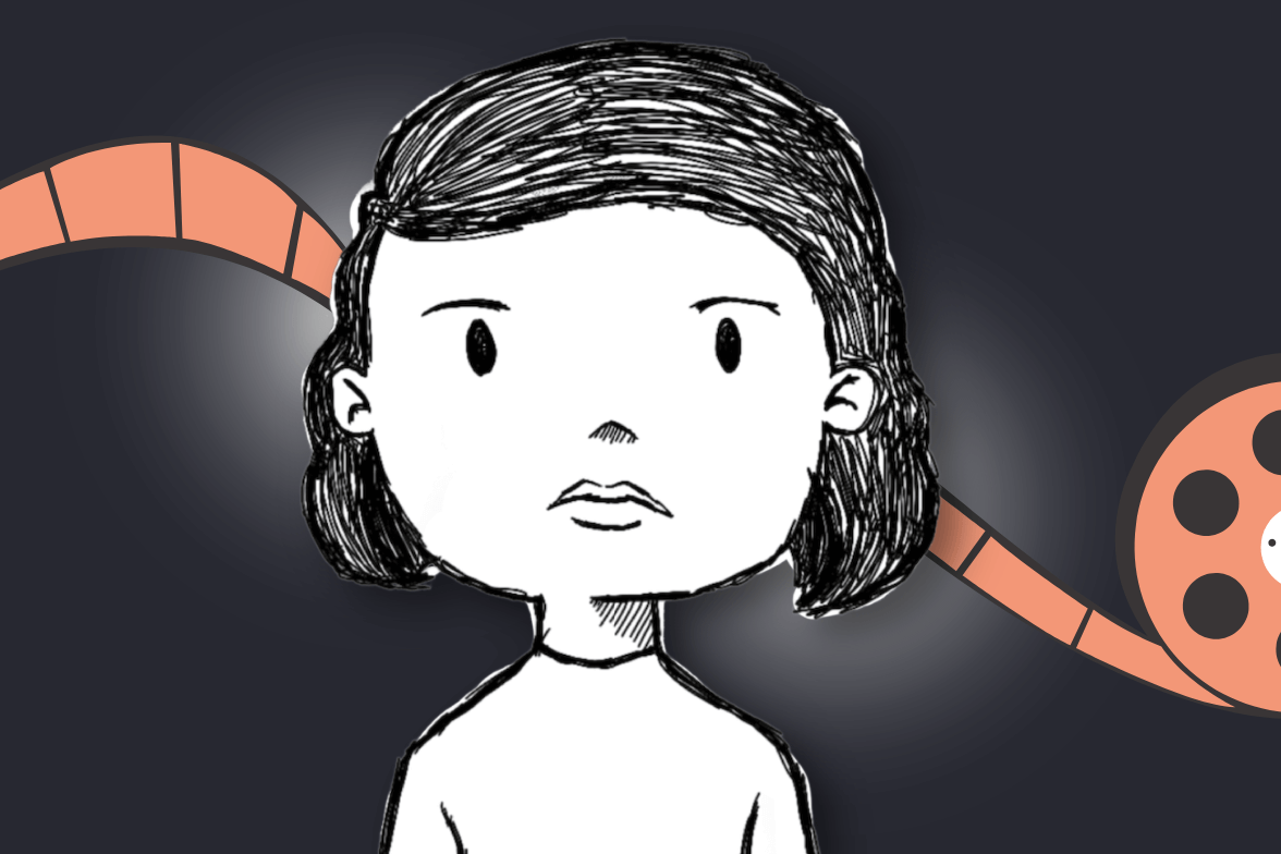 Gezeichnet Interpretation von Sophie Scholl vor einer orangefarbenen Filmrolle.