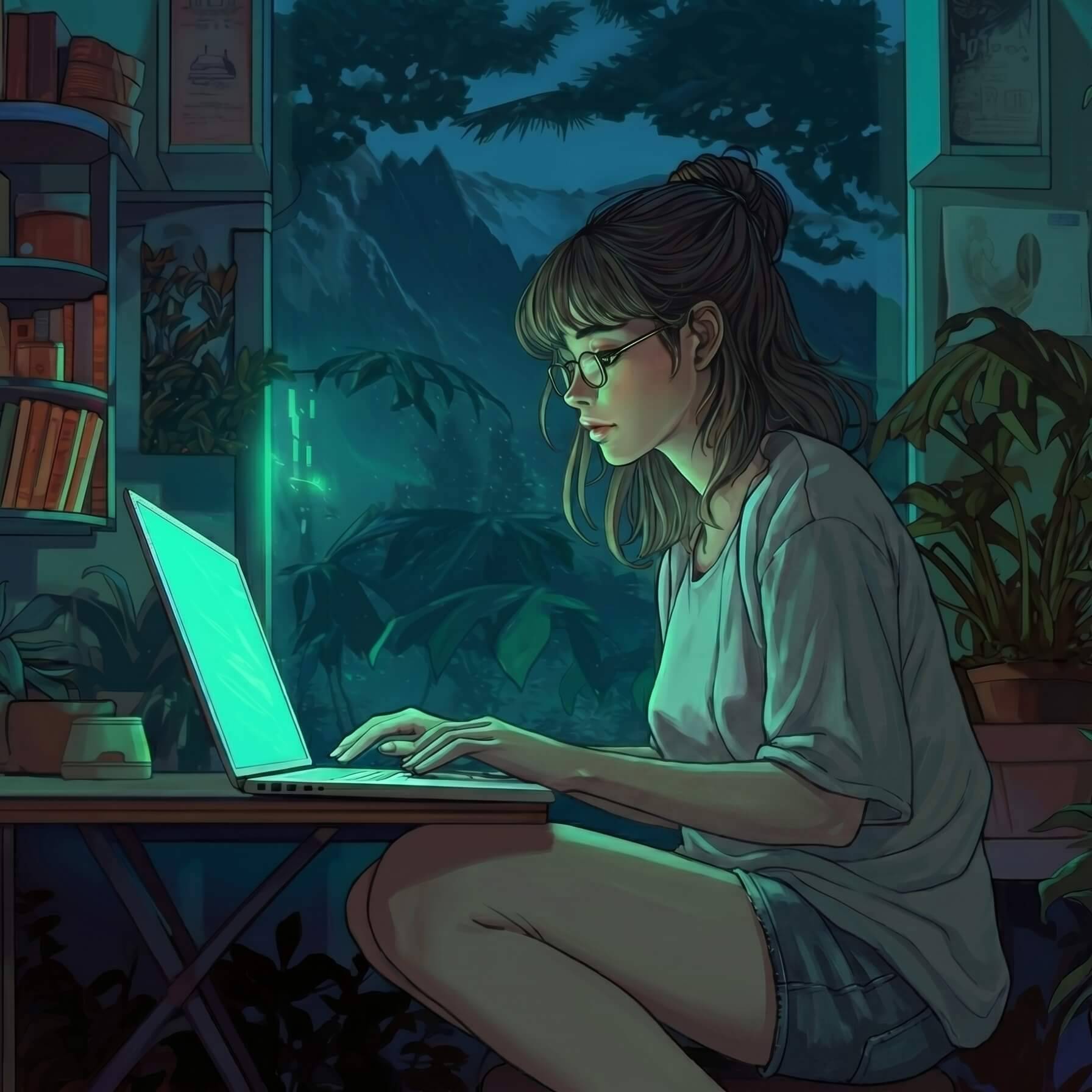 Illustration einer jungen Frau, die abends in einem mit Pflanzen und Büchern gefüllten Zimmer an einem Laptop arbeitet.