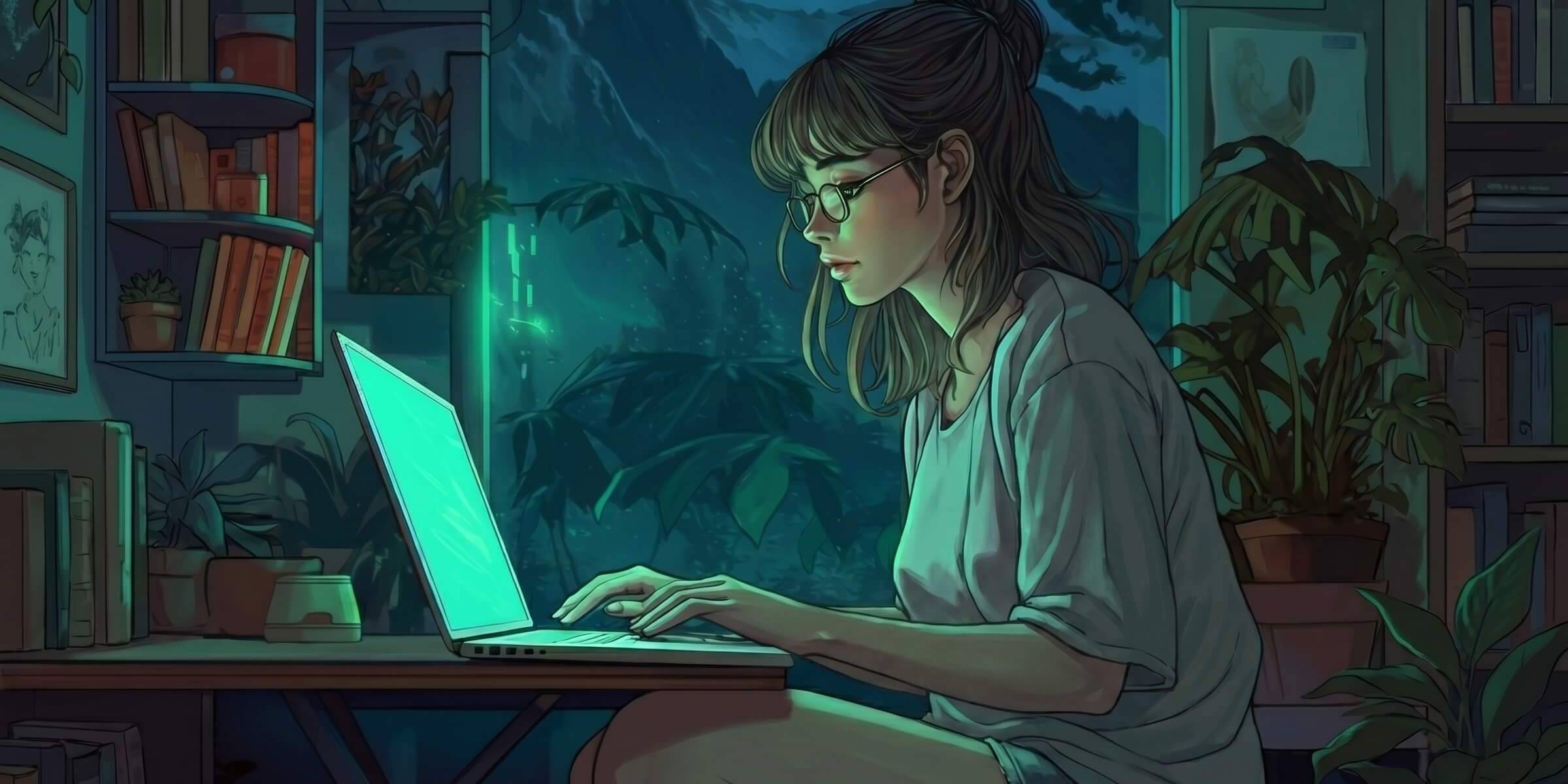 Illustration einer jungen Frau, die abends in einem mit Pflanzen und Büchern gefüllten Zimmer an einem Laptop arbeitet.