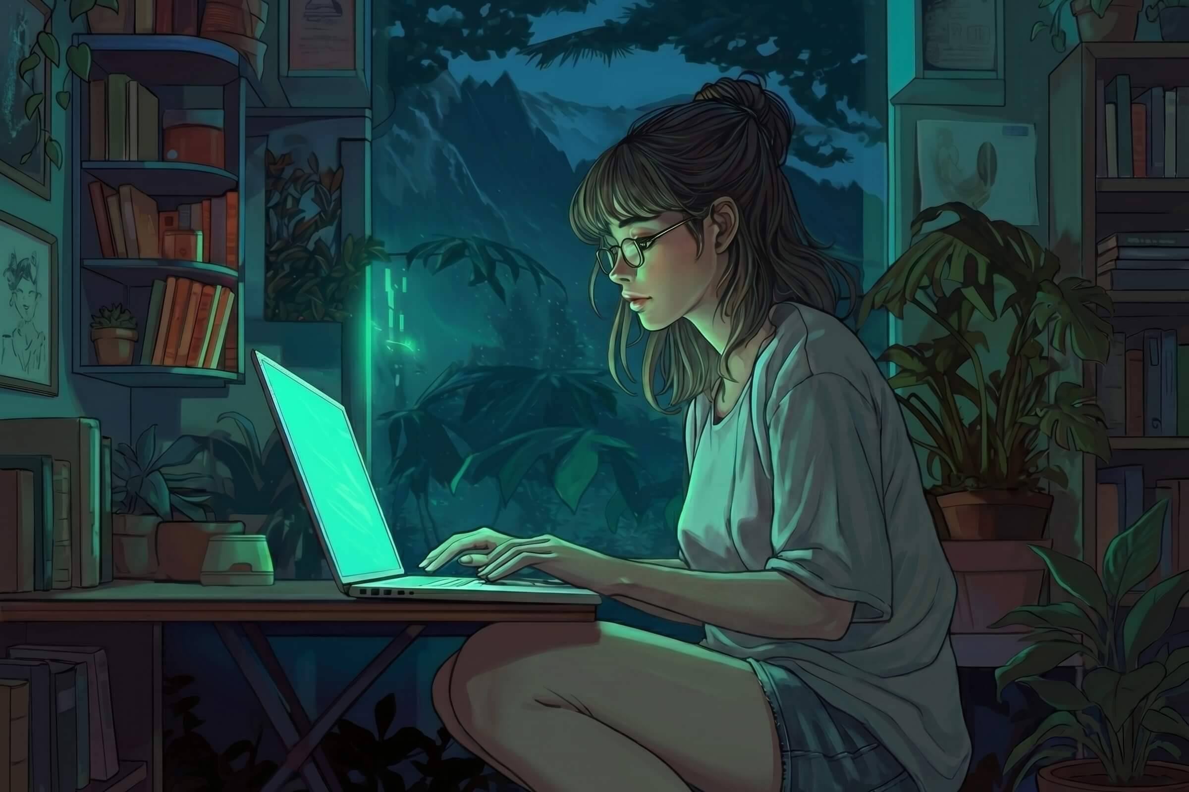 Illustration einer jungen Frau, die abends in einem mit Pflanzen und Büchern gefüllten Zimmer an einem Laptop arbeitet.