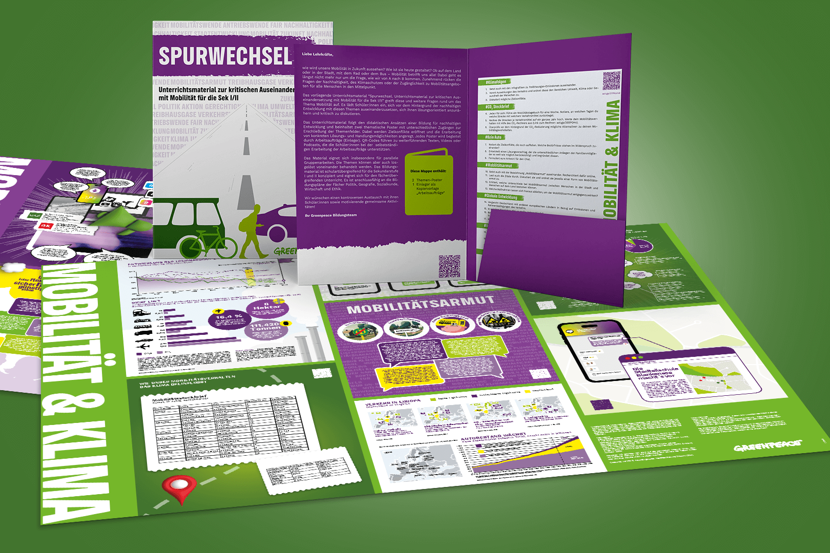 Mockup des gesamten Unterrichtsmaterials „Spurwechsel“ zu nachhaltiger Mobilität, Mobilitätsarmut und Verkehrswende.