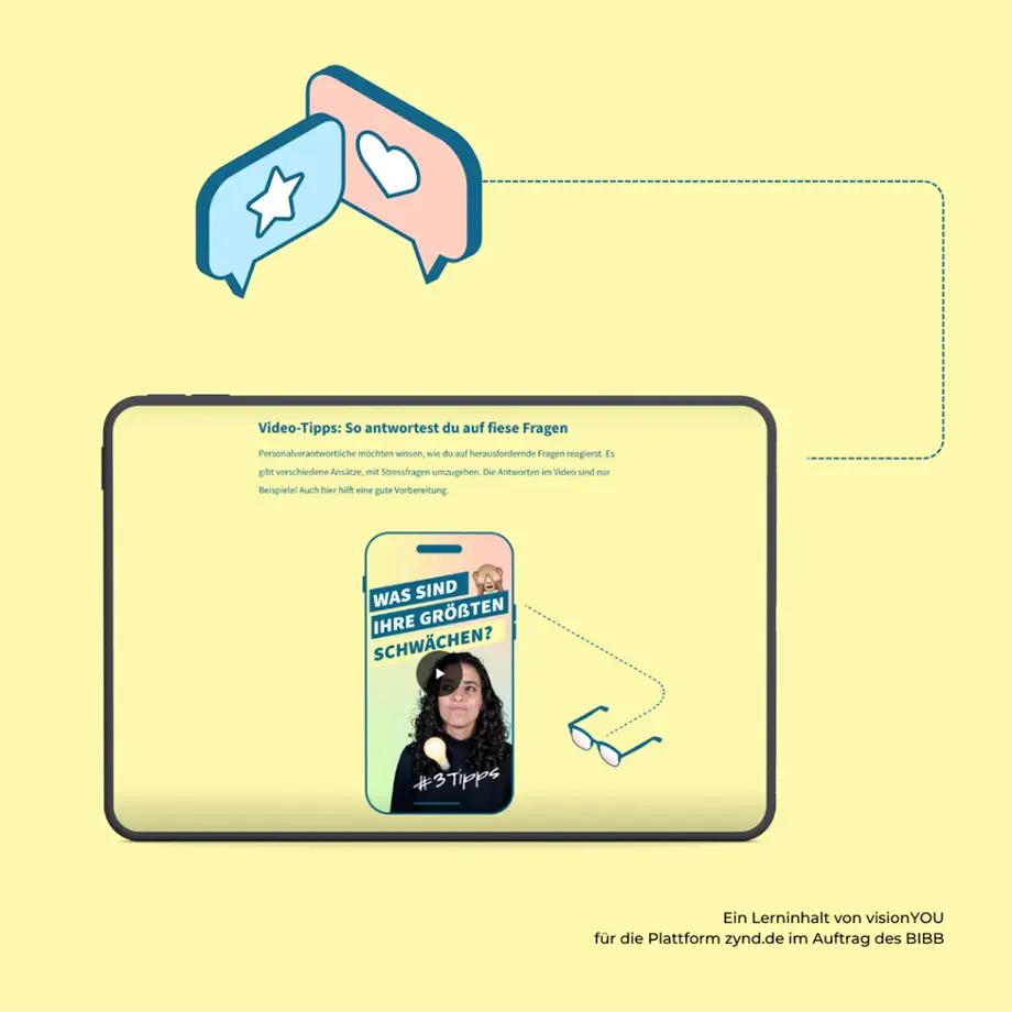 E-Learning-Inhalt mit Video-Tipps zum Umgang mit schwierigen Fragen im Bewerbungsgespräch.