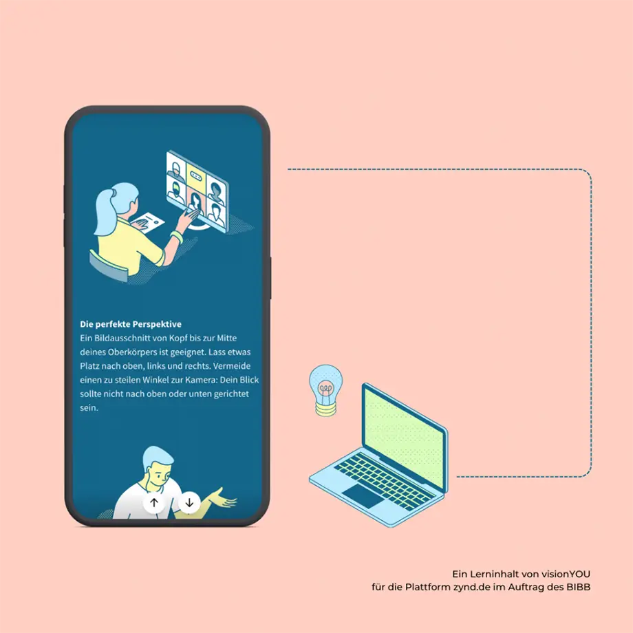 Illustration eines E-Learning-Inhalts mit Tipps zur richtigen Kameraposition bei Videokonferenzen.