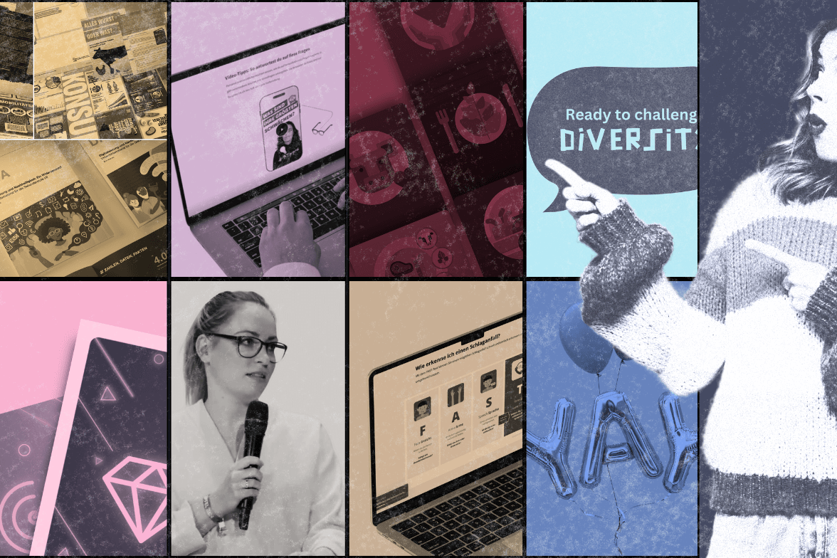 Collage aus Projekten und Ereignissen des visionYOU-Jahresrückblicks 2024 mit dem Bild einer jungen Frau in Schwarz/Weiß, die überrascht auf die Collage zeigt..
