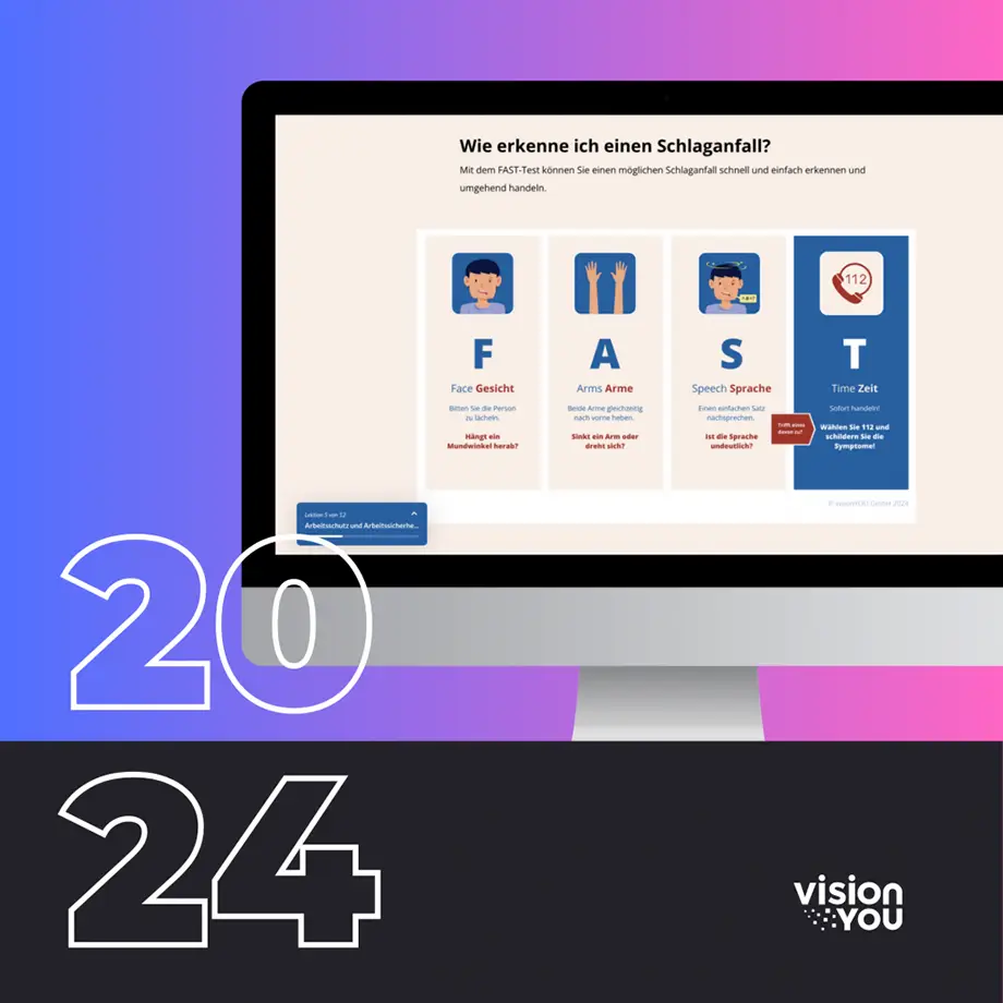 E-Learning von visionYOU zum Arbeitsschutz mit dem FAST-Test zur Erkennung eines Schlaganfalls.