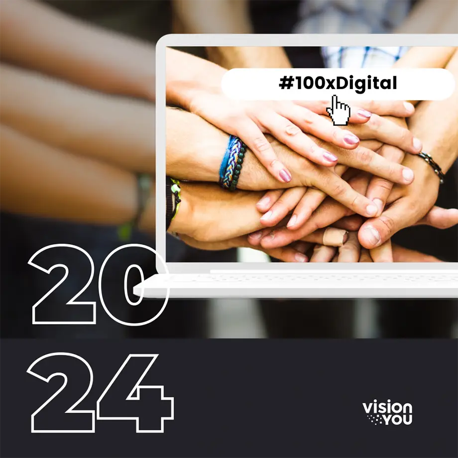 Grafik zum Programm 100xDigital mit übereinandergelegten Händen auf einem Laptop.