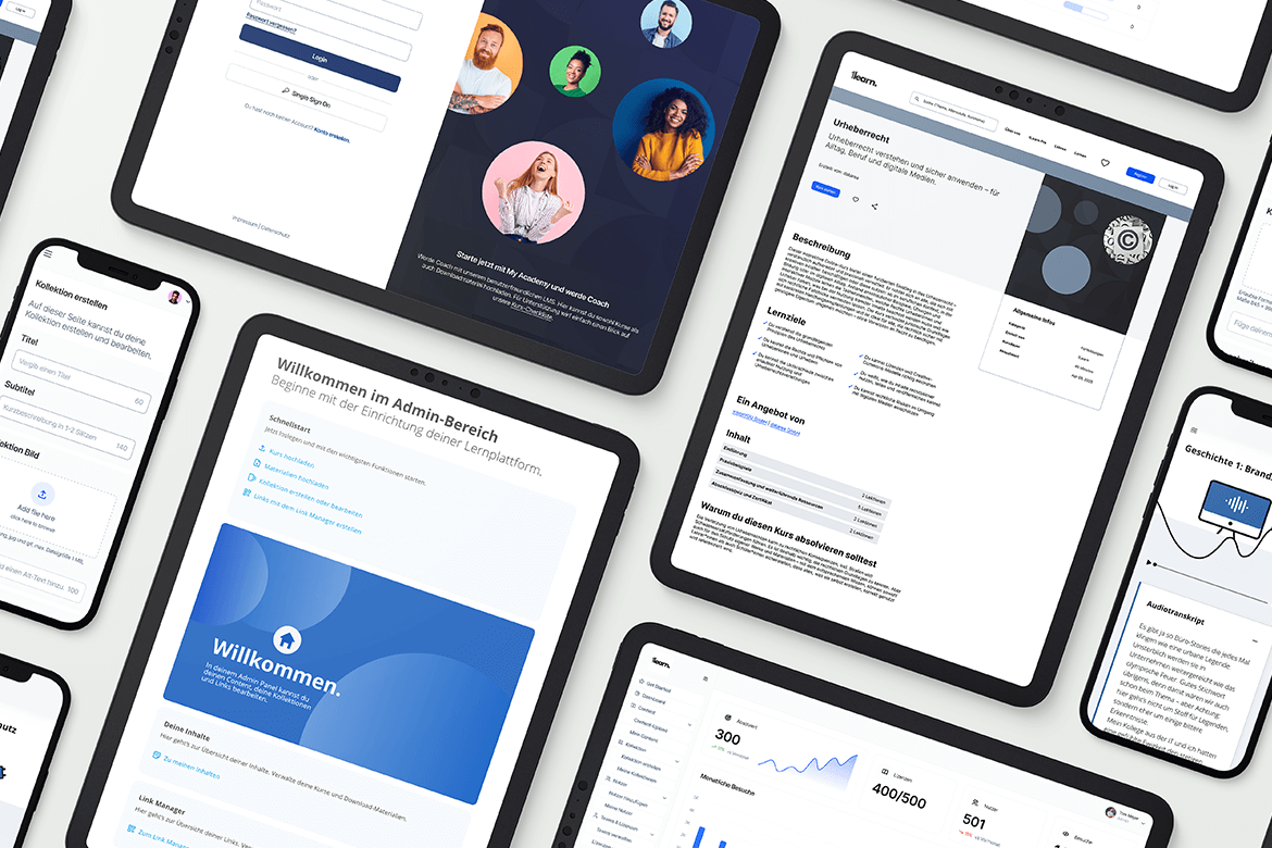 Multiscreen-Mock-up der Lernplattform 1learn mit Login, Admin-Bereich, Kursansichten und Lerninhalten auf Tablets und Smartphones.