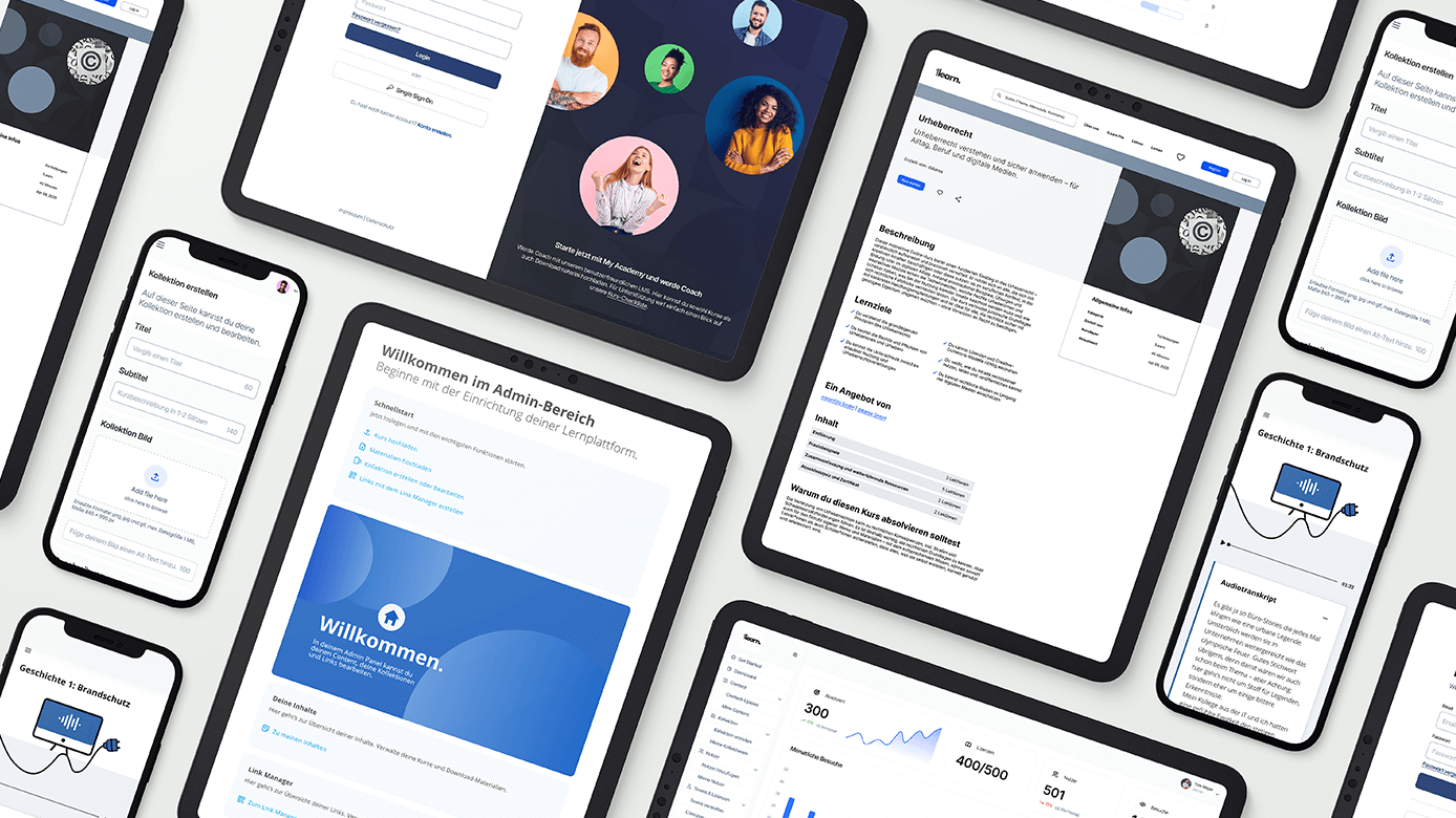 Multiscreen-Mock-up der Lernplattform 1learn mit Login, Admin-Bereich, Kursansichten und Lerninhalten auf Tablets und Smartphones.