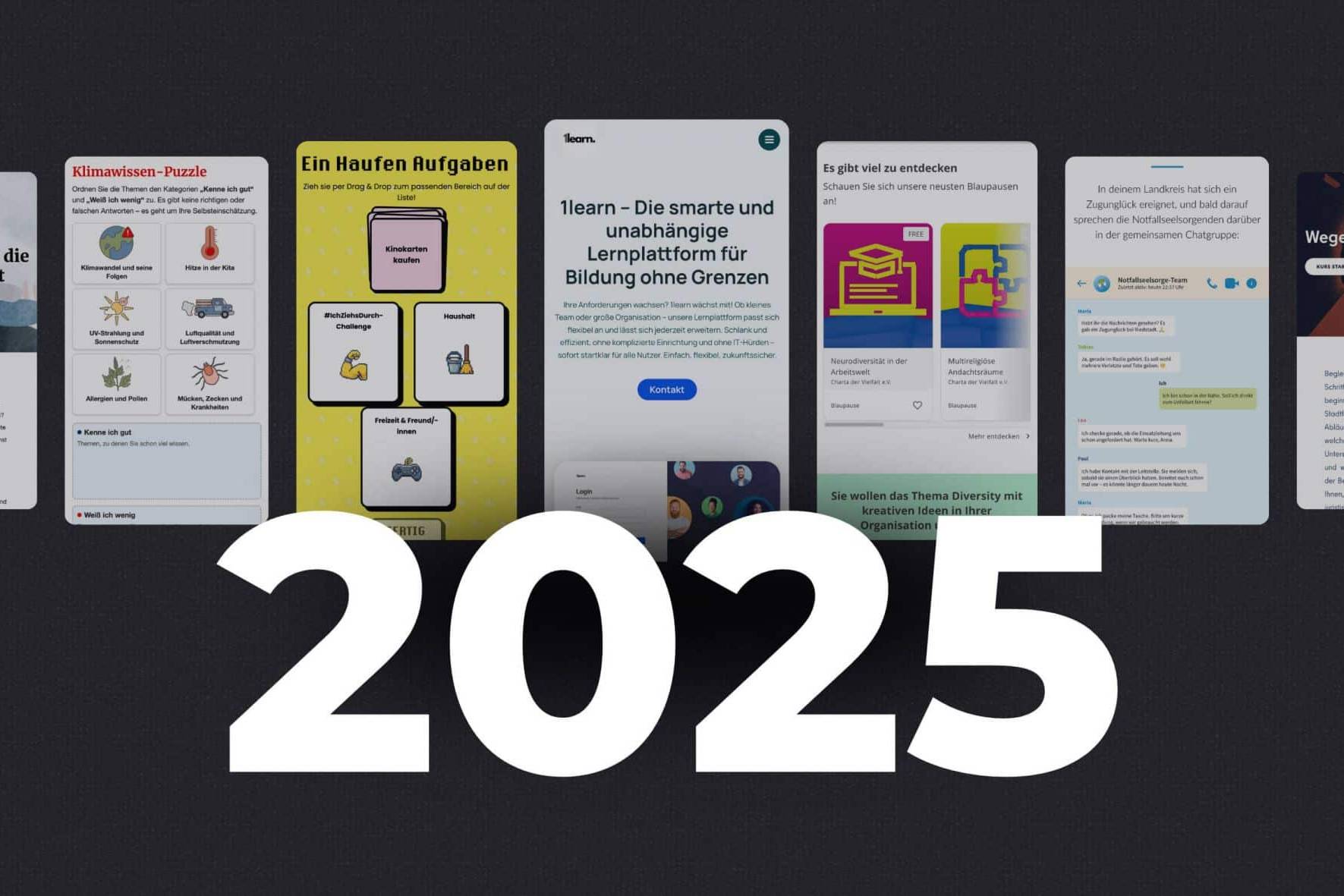 Collage digitaler Lernangebote und Projekte von visionYOU mit der großen Jahreszahl 2025.
