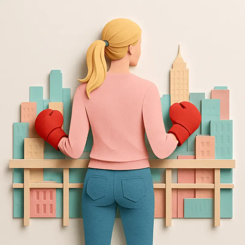 Illustration einer Frau mit Boxhandschuhen vor einer Stadtkulisse.