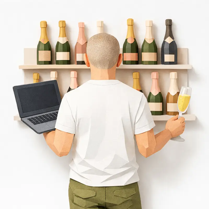 Illustration einer Person mit Laptop und Weinglas vor einem Regal mit Weinflaschen.