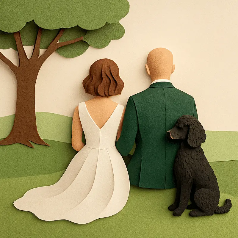 Illustration eines Hochzeitspaares mit Hund in einer Parklandschaft.