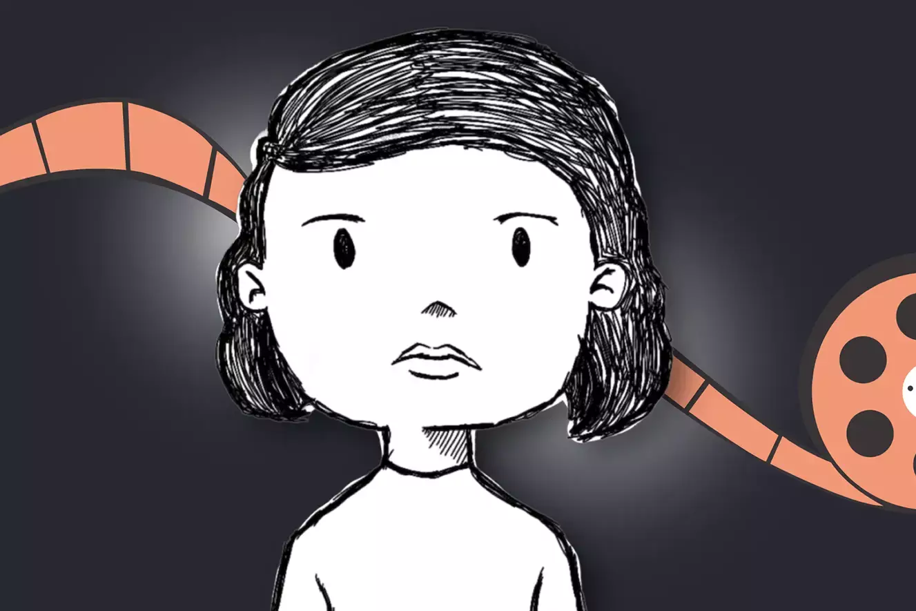 Gezeichnet Interpretation von Sophie Scholl vor einer orangefarbenen Filmrolle.