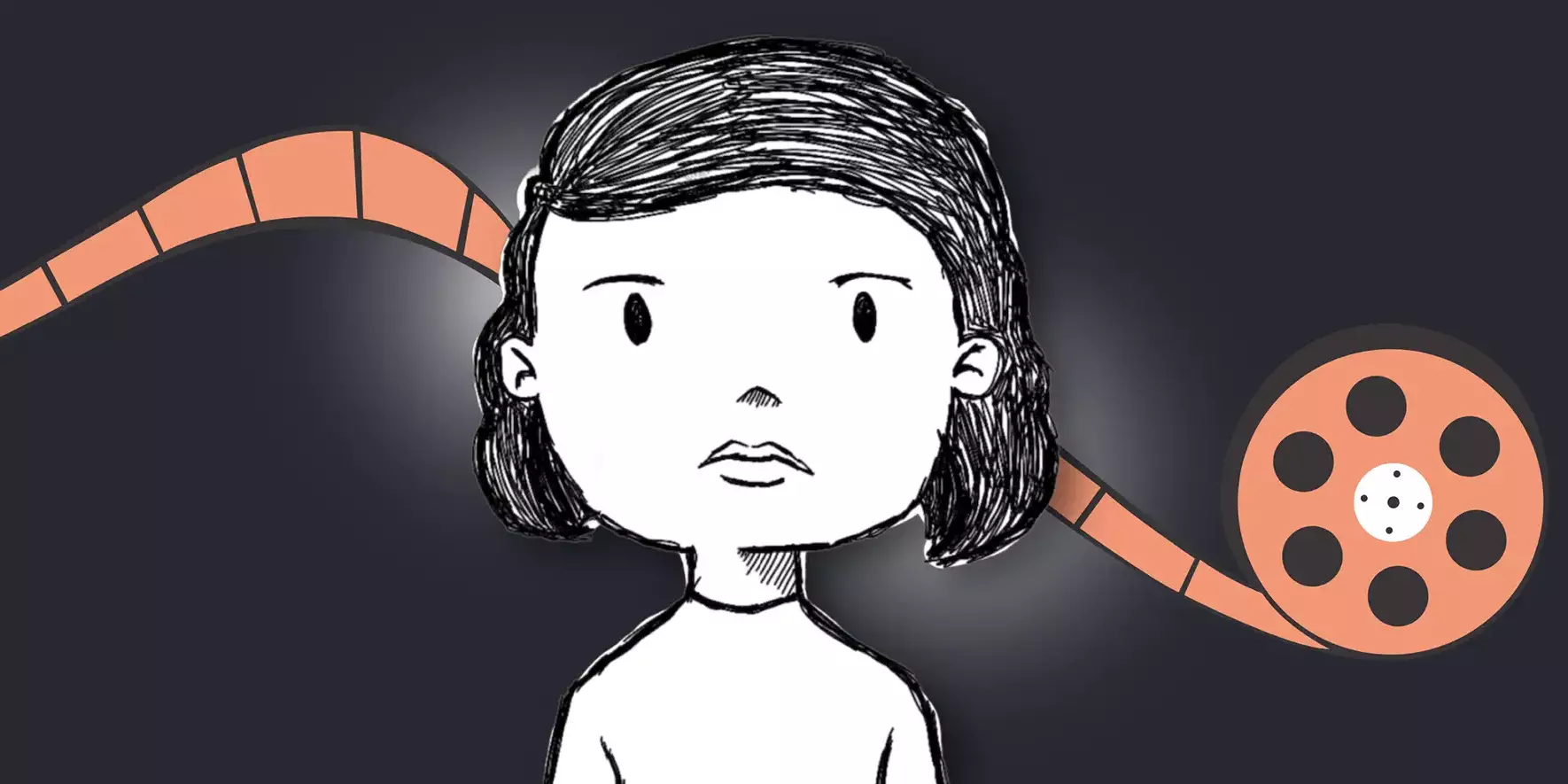 Gezeichnet Interpretation von Sophie Scholl vor einer orangefarbenen Filmrolle.