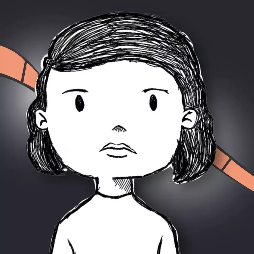 Gezeichnet Interpretation von Sophie Scholl vor einer orangefarbenen Filmrolle.