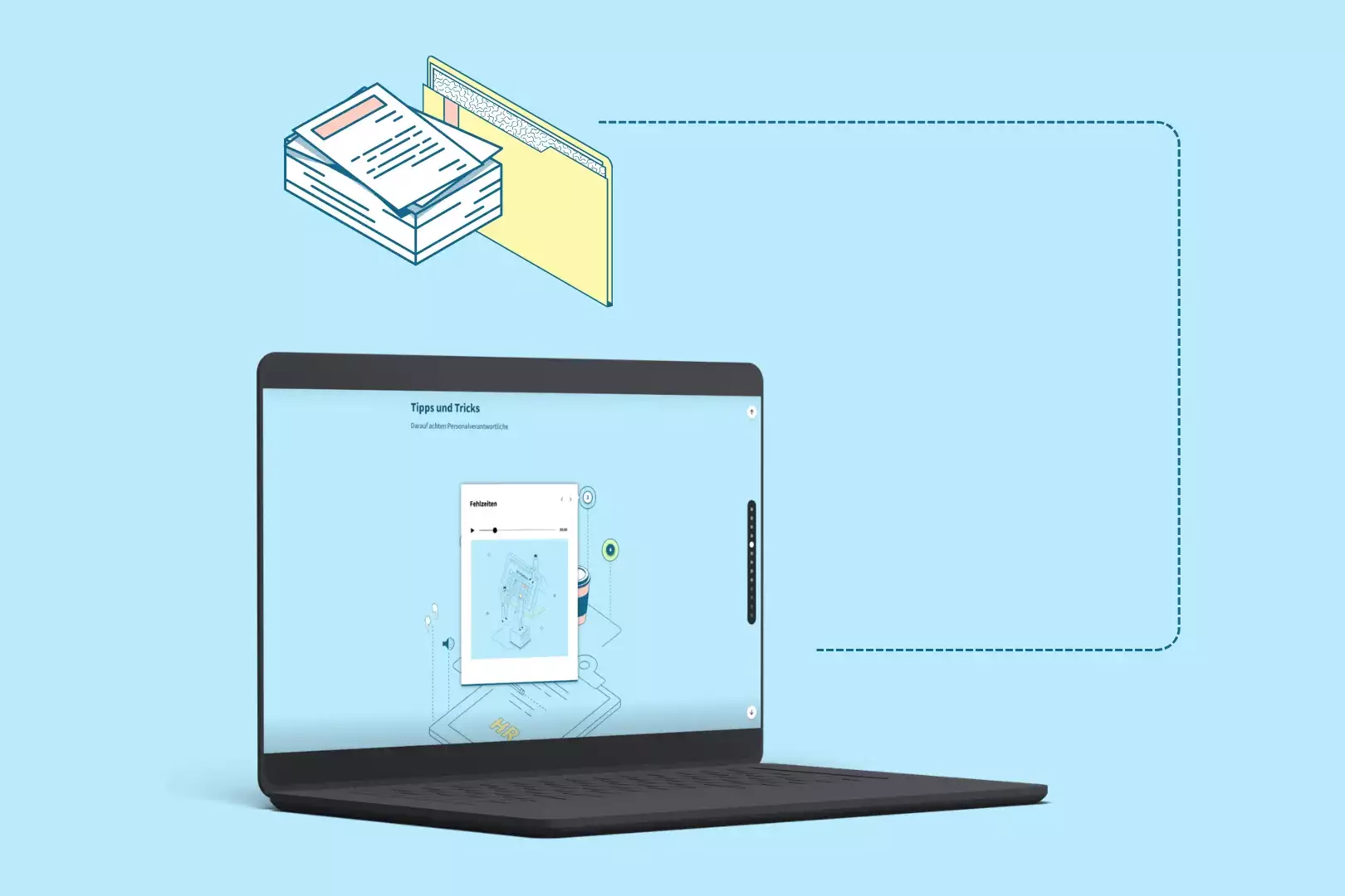 Laptop-Mockup mit einem interaktiven Lerninhalt zu Bewerbungsunterlagen und möglichen Fehlzeiten im Lebenslauf.