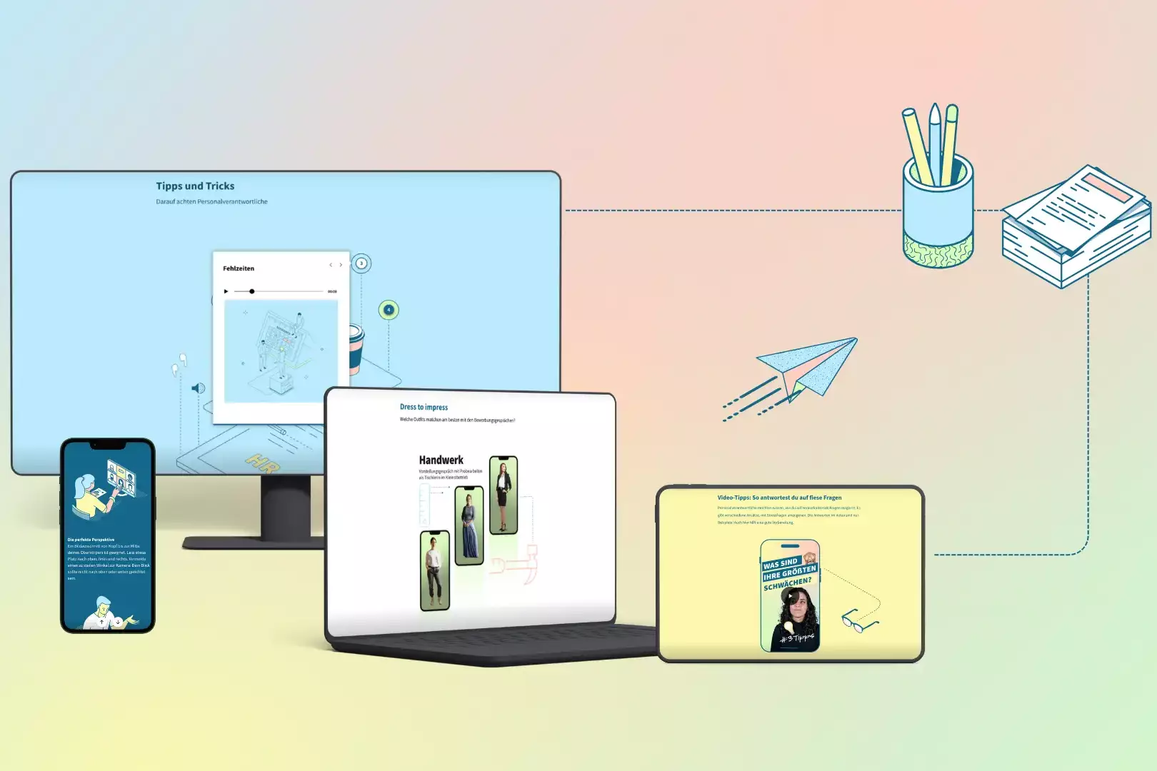 Illustration mit digitalen Lerninhalten zur Bewerbungsvorbereitung auf Smartphone, Laptop, Tablet und Monitor.