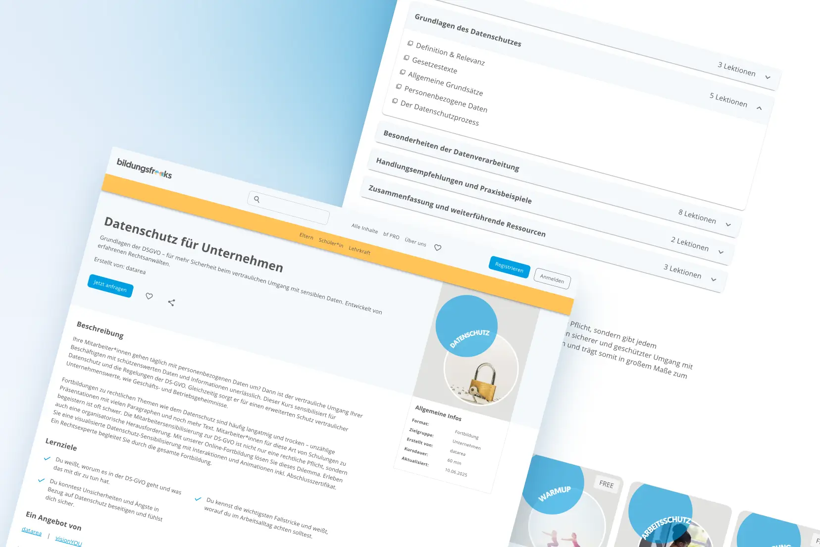 Collage eines Online-Kurses zum Datenschutz für Unternehmen mit Kursübersicht, Lernzielen und Lektionen.