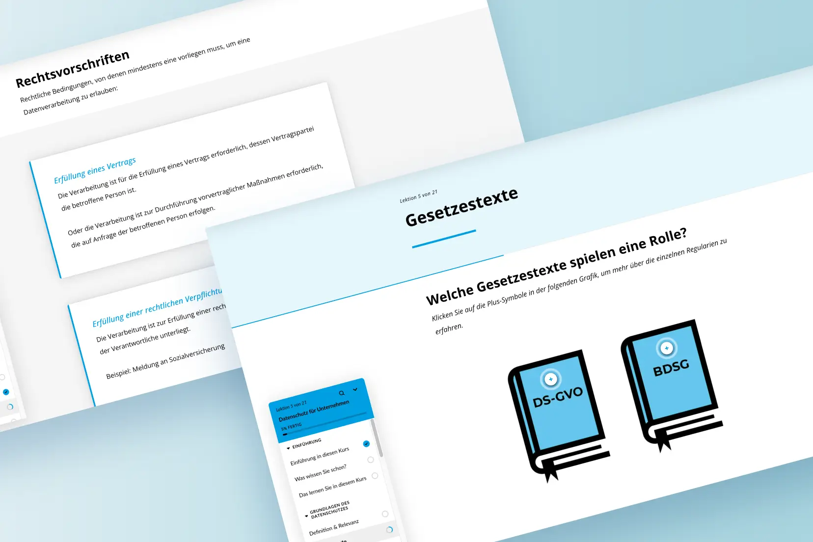 Collage eines Online-Kurses zum Datenschutz mit Lerninhalten zu Rechtsvorschriften, DSGVO und BDSG.