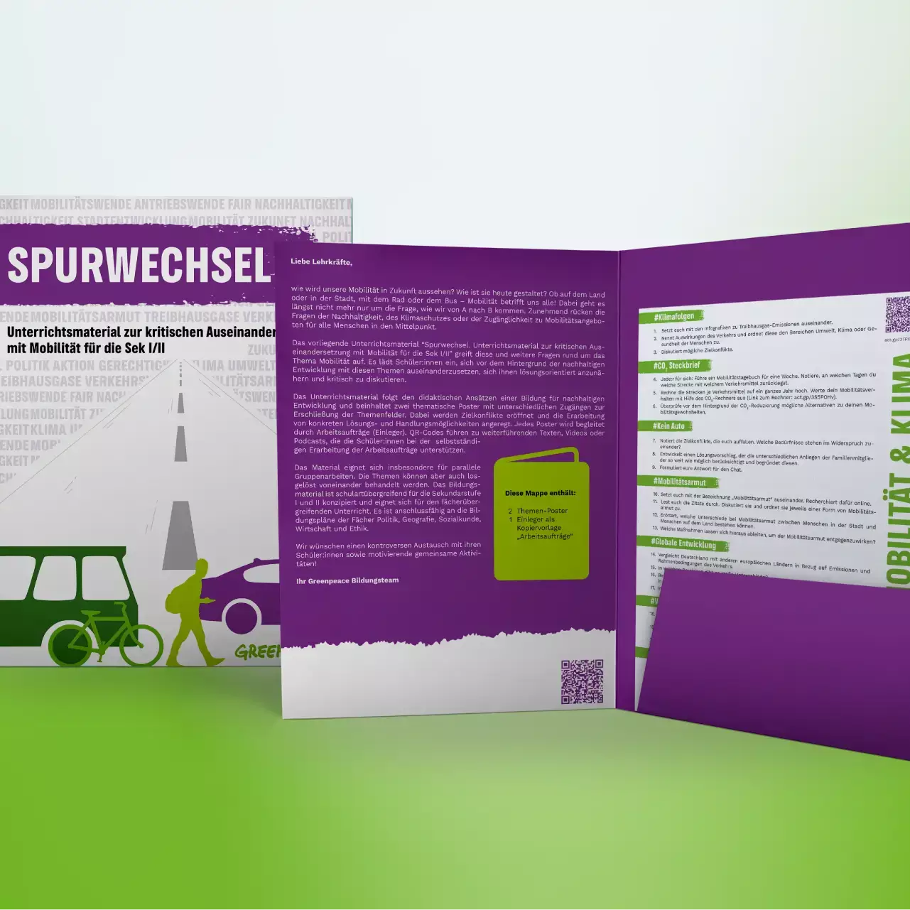 Mockup Unterrichtsmaterial „Spurwechsel“ zu nachhaltiger Mobilität mit Arbeitsblättern zu Mobilität und Klima.