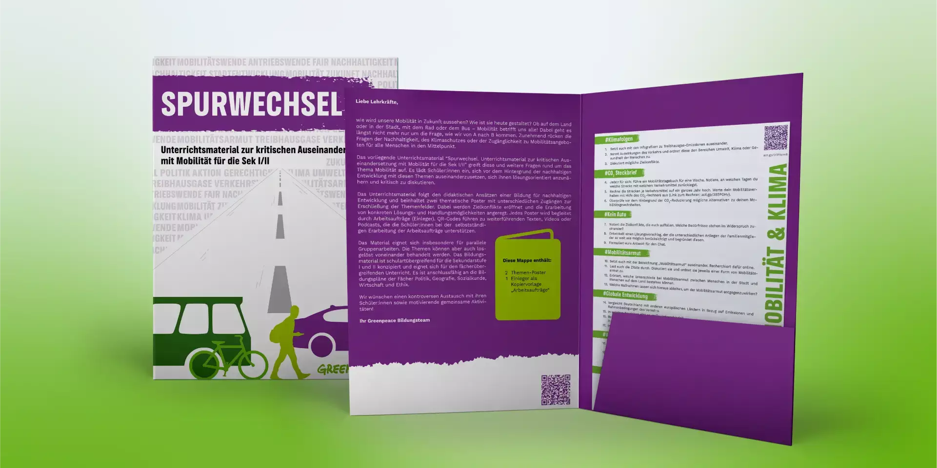 Mockup Unterrichtsmaterial „Spurwechsel“ zu nachhaltiger Mobilität mit Arbeitsblättern zu Mobilität und Klima.