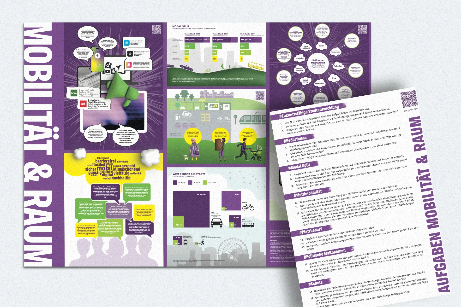 Mockup Unterrichtsmaterial „Spurwechsel“ zu nachhaltiger Stadtentwicklung, Verkehrsmitteln und politischer Beteiligung.
