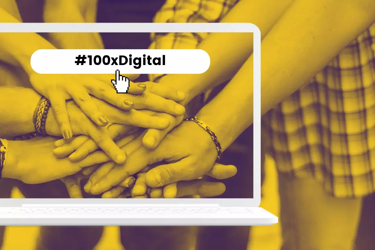 Übereinandergelegte Hände in einem Laptop mit dem Schriftzug „#100xDigital“.