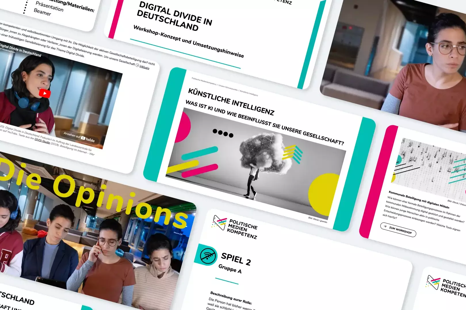 Collage aus Unterrichtsmaterialien und Videos zu politischer Medienkompetenz, Digital Divide und künstlicher Intelligenz.