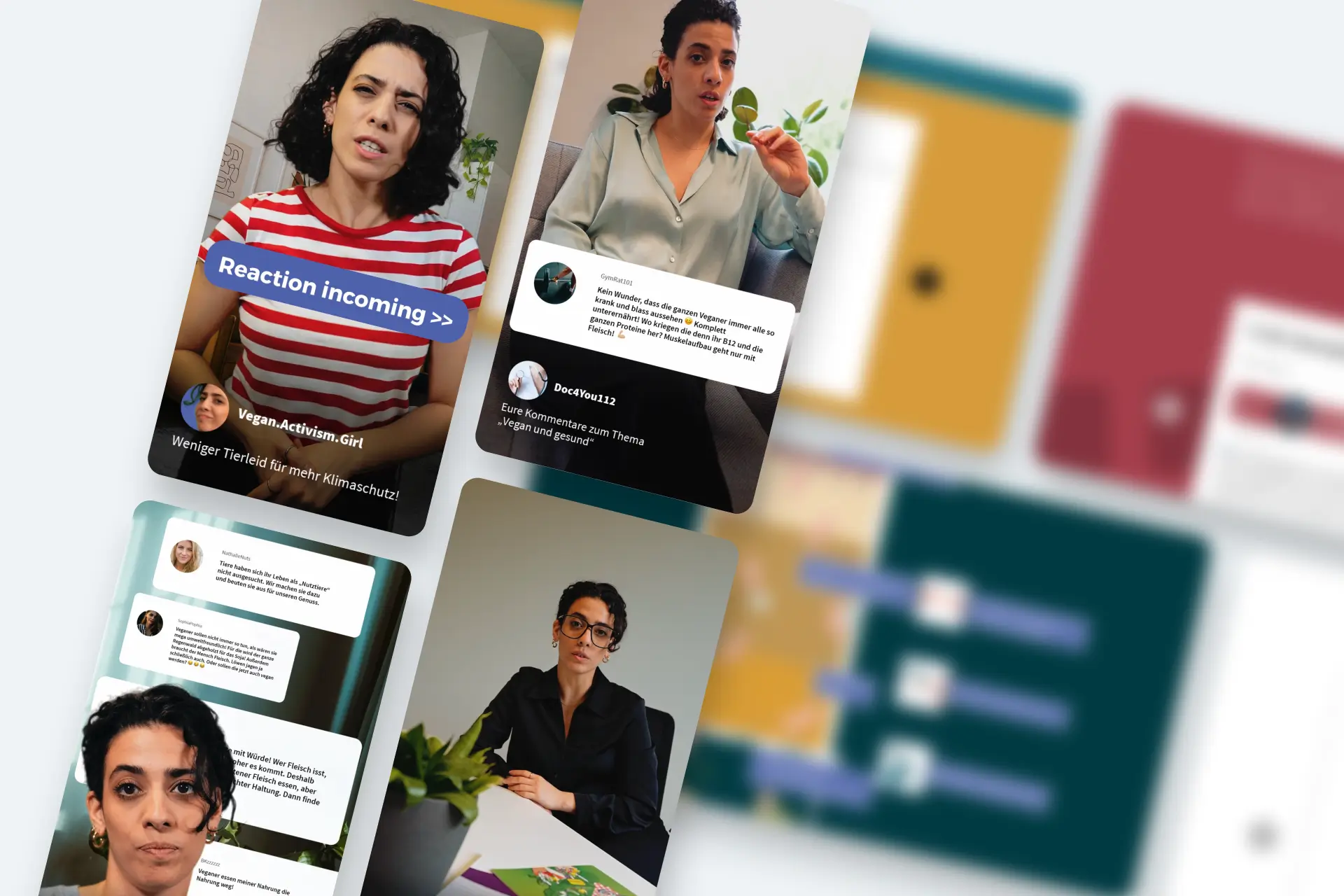 Collage aus Hochkantvideos und Social-Media-Kommentaren zu veganer Ernährung, Tierwohl und Klimaschutz aus der Lernausstellung