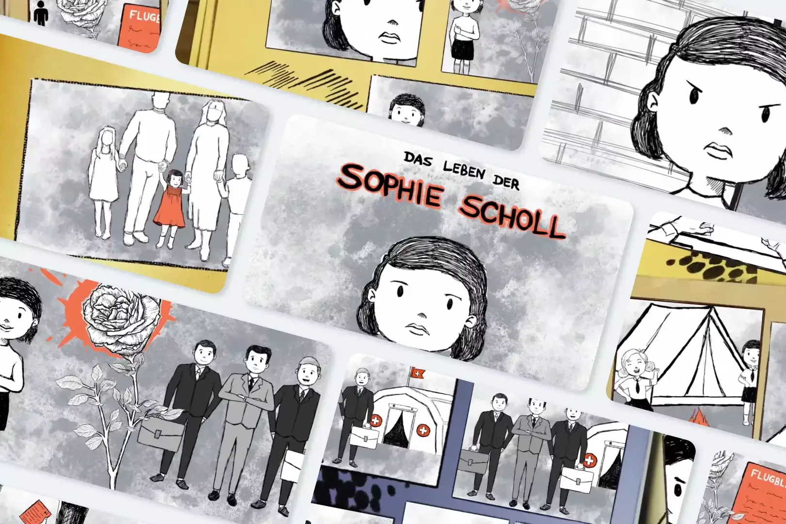 Collage aus illustrierten Szenen aus dem animierten Kurzfilm „Das Leben der Sophie Scholl“.
