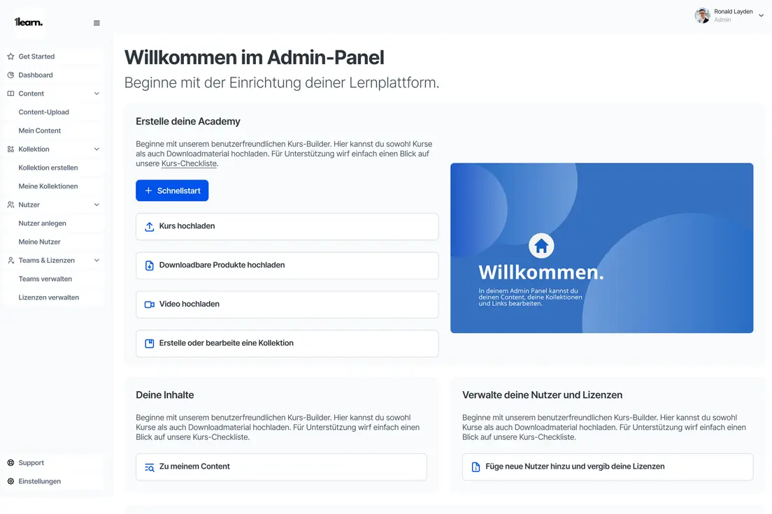 Admin Panel von 1learn LMS