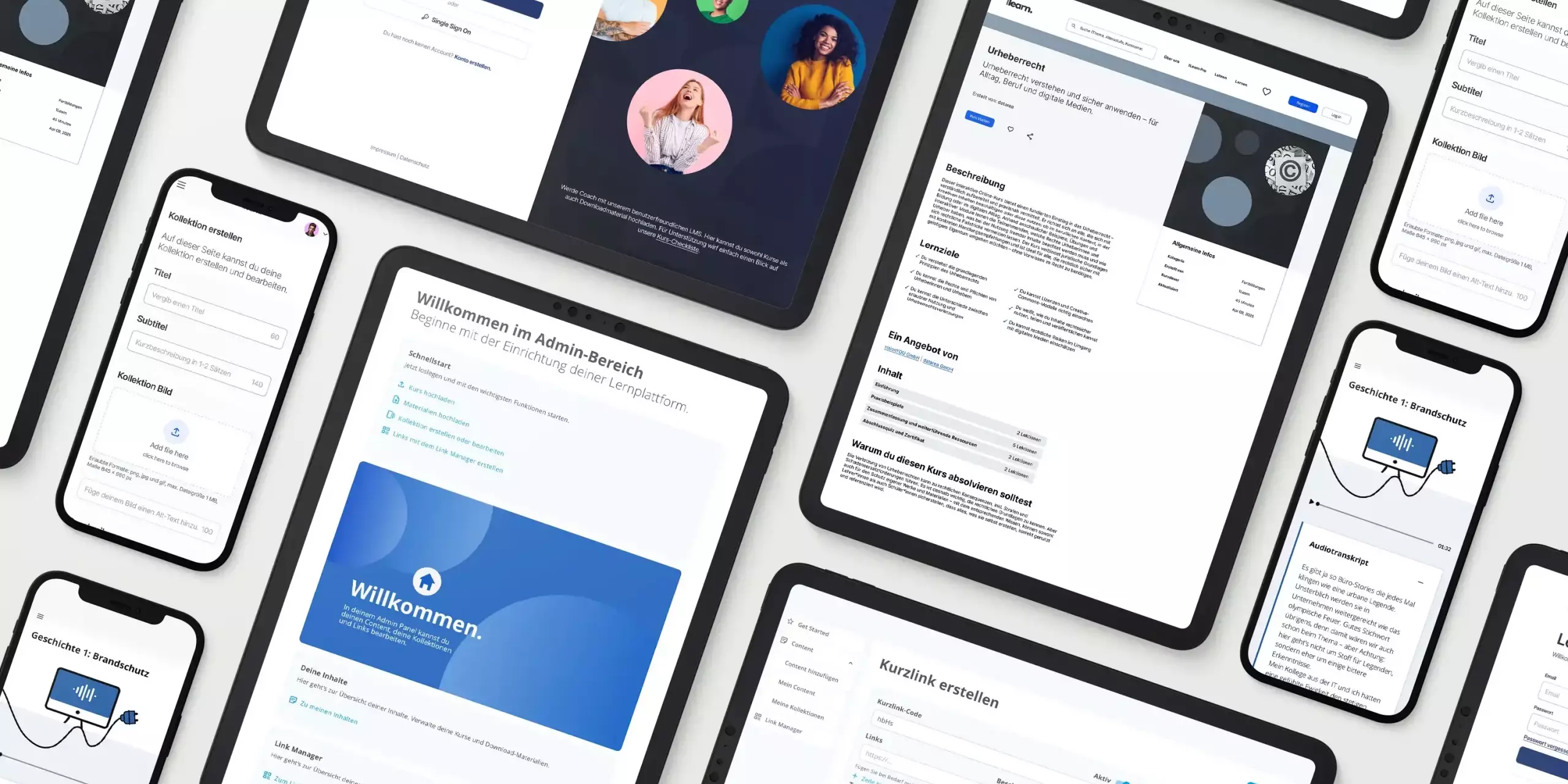 Multiscreen-Mock-up der Lernplattform 1learn mit Login, Admin-Bereich, Kursansichten und Lerninhalten auf Tablets und Smartphones.
