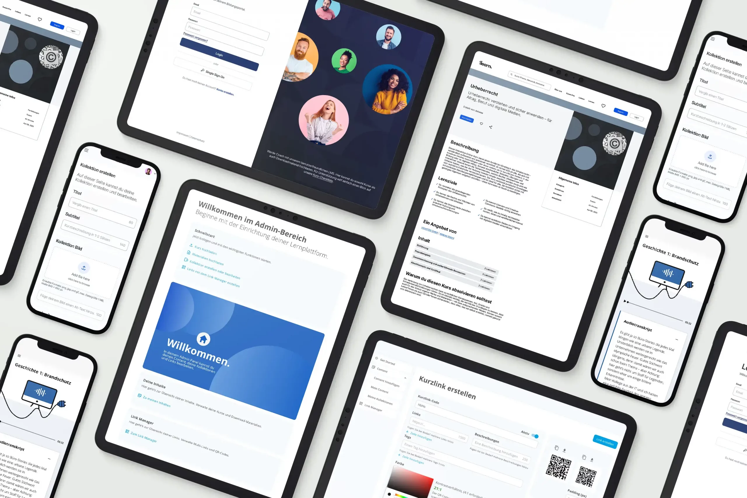Multiscreen-Mock-up der Lernplattform 1learn mit Login, Admin-Bereich, Kursansichten und Lerninhalten auf Tablets und Smartphones.
