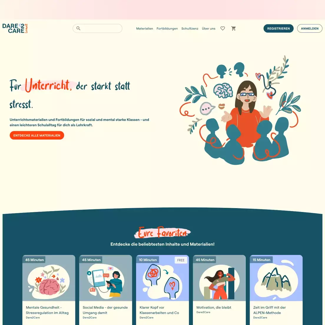 Startseite der Dare2Care Lernwelt mit Unterrichtsmaterialien und Fortbildungen für mentale Gesundheit in der Schule.