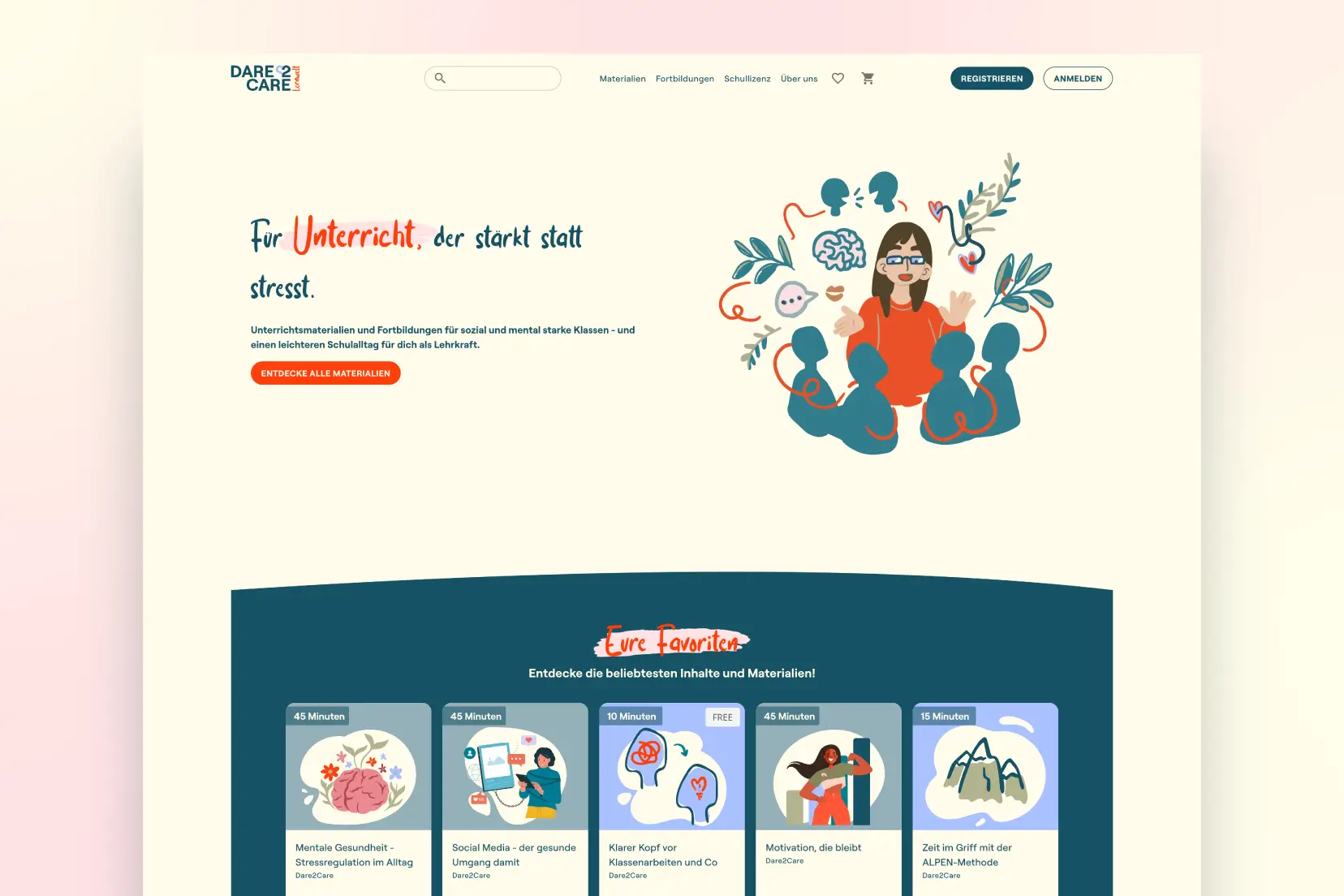 Startseite der Dare2Care Lernwelt mit Unterrichtsmaterialien und Fortbildungen für mentale Gesundheit in der Schule.