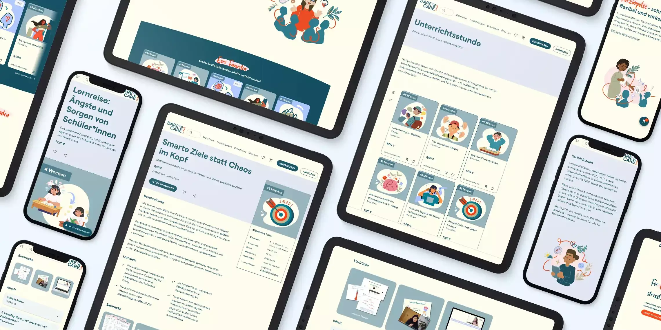Lernwelt von Dare2Care auf Smartphones und Tablets mit digitalen Kursen zu mentaler Gesundheit und Schule.